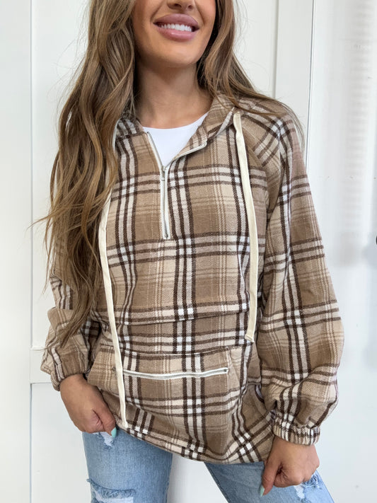 PREORDER: Hollis Drawstring Plaid Half Zip Raglan Sleeve Hoodie