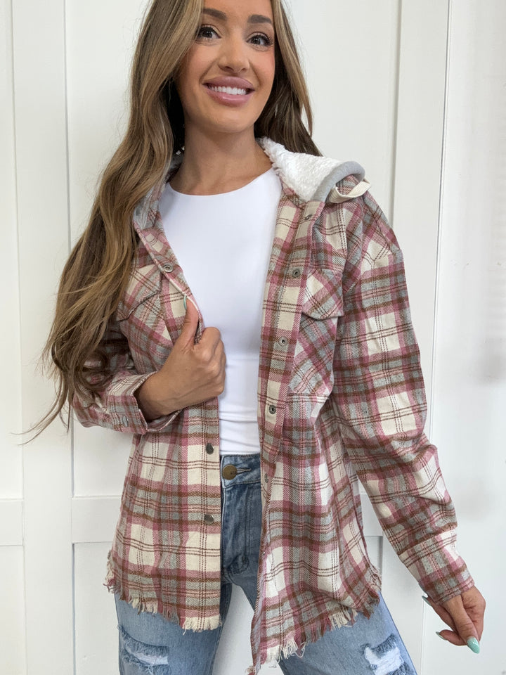 PREORDER: Sable Plaid Raw Hem Drawstring Hooded Jacket