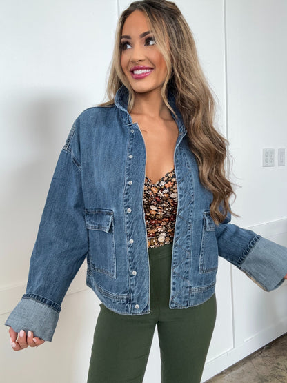 Indigo Mae Risen Oversized Cargo Pocket Denim Jacket