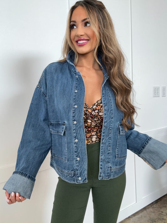 Indigo Mae Risen Oversized Cargo Pocket Denim Jacket