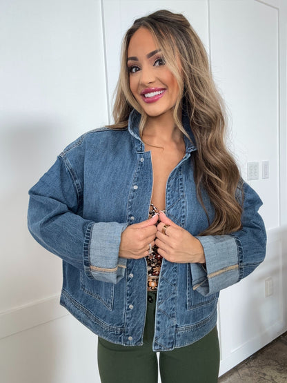 Indigo Mae Risen Oversized Cargo Pocket Denim Jacket