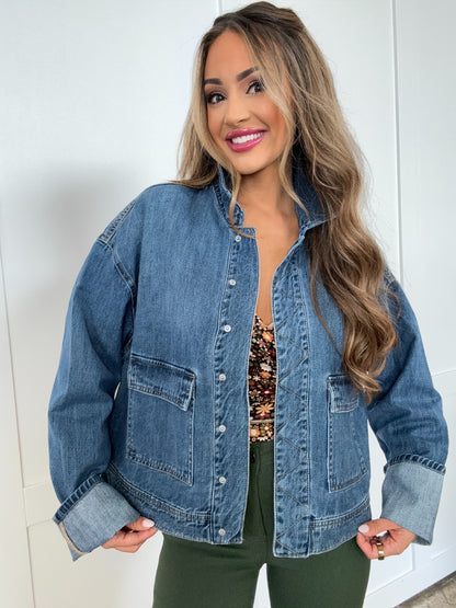 Indigo Mae Risen Oversized Cargo Pocket Denim Jacket