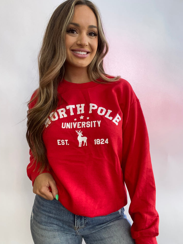 North Pole University Crewneck Sweatshirt- Red