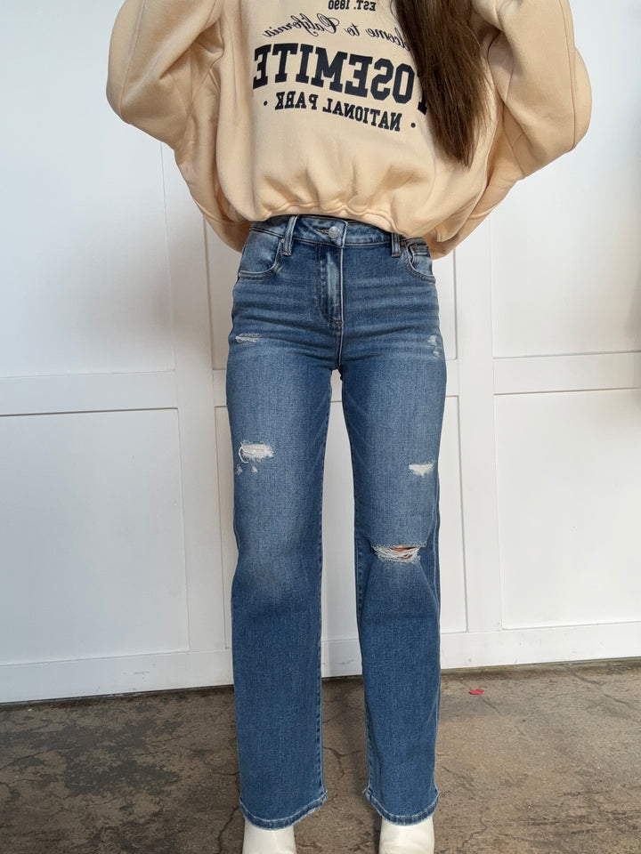 Rylee Risen High Rise Ankle Straight Front Body Distressed Jeans