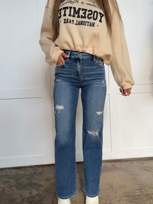 Rylee Risen High Rise Ankle Straight Front Body Distressed Jeans