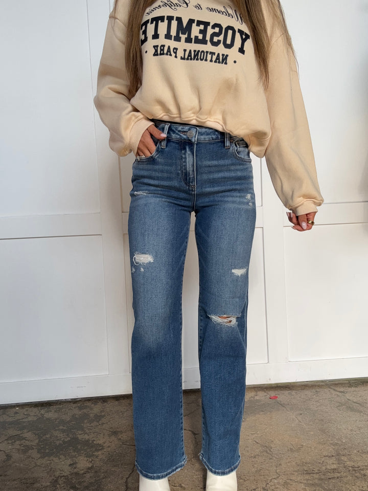Rylee Risen High Rise Ankle Straight Front Body Distressed Jeans