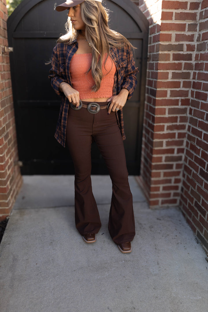 Fiona High Waisted Bell Bottom Flare Jeans - Chocolate Brown