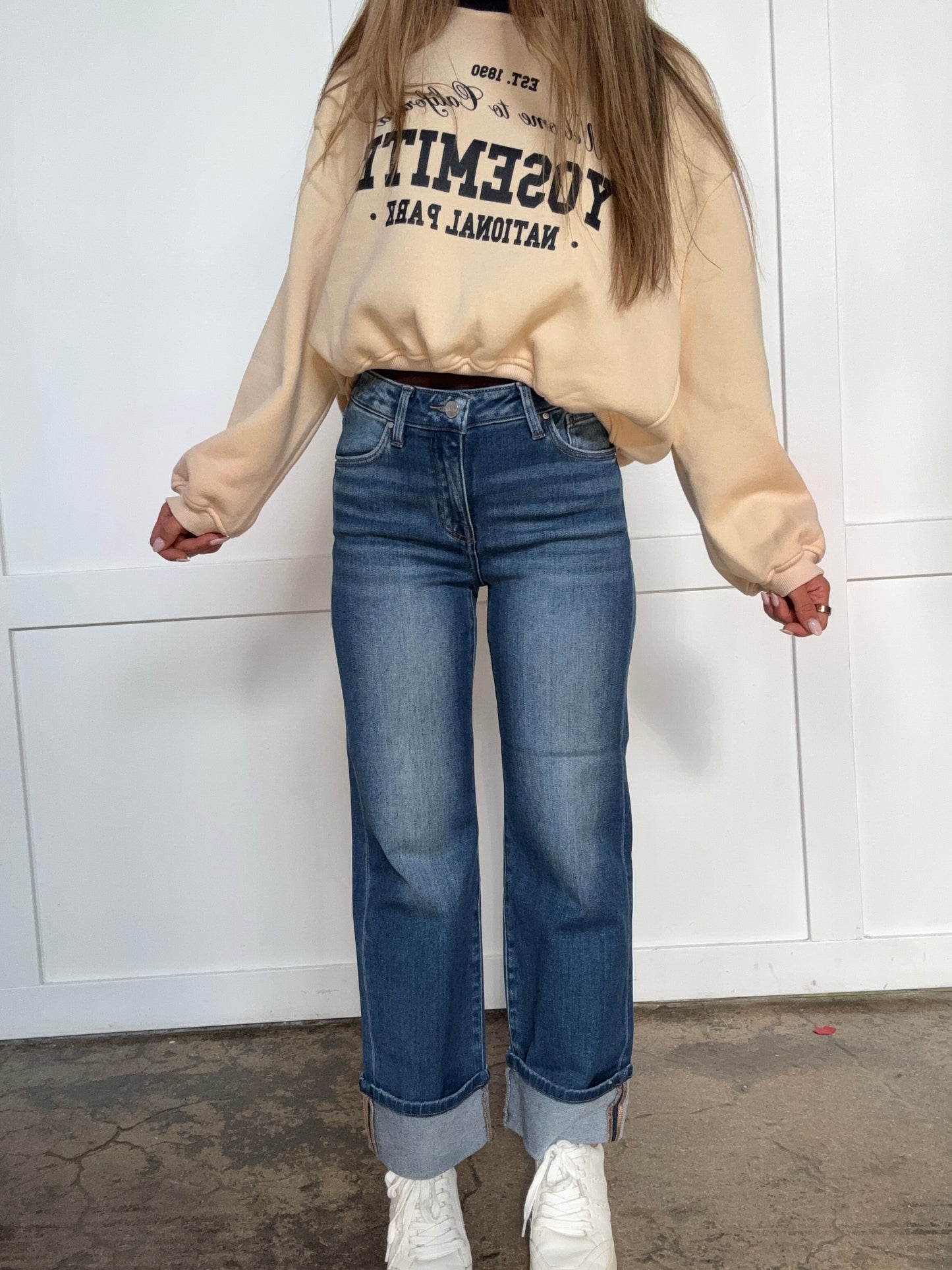 Elsie Risen Mid Rise Crop Straight Cuffed Jeans