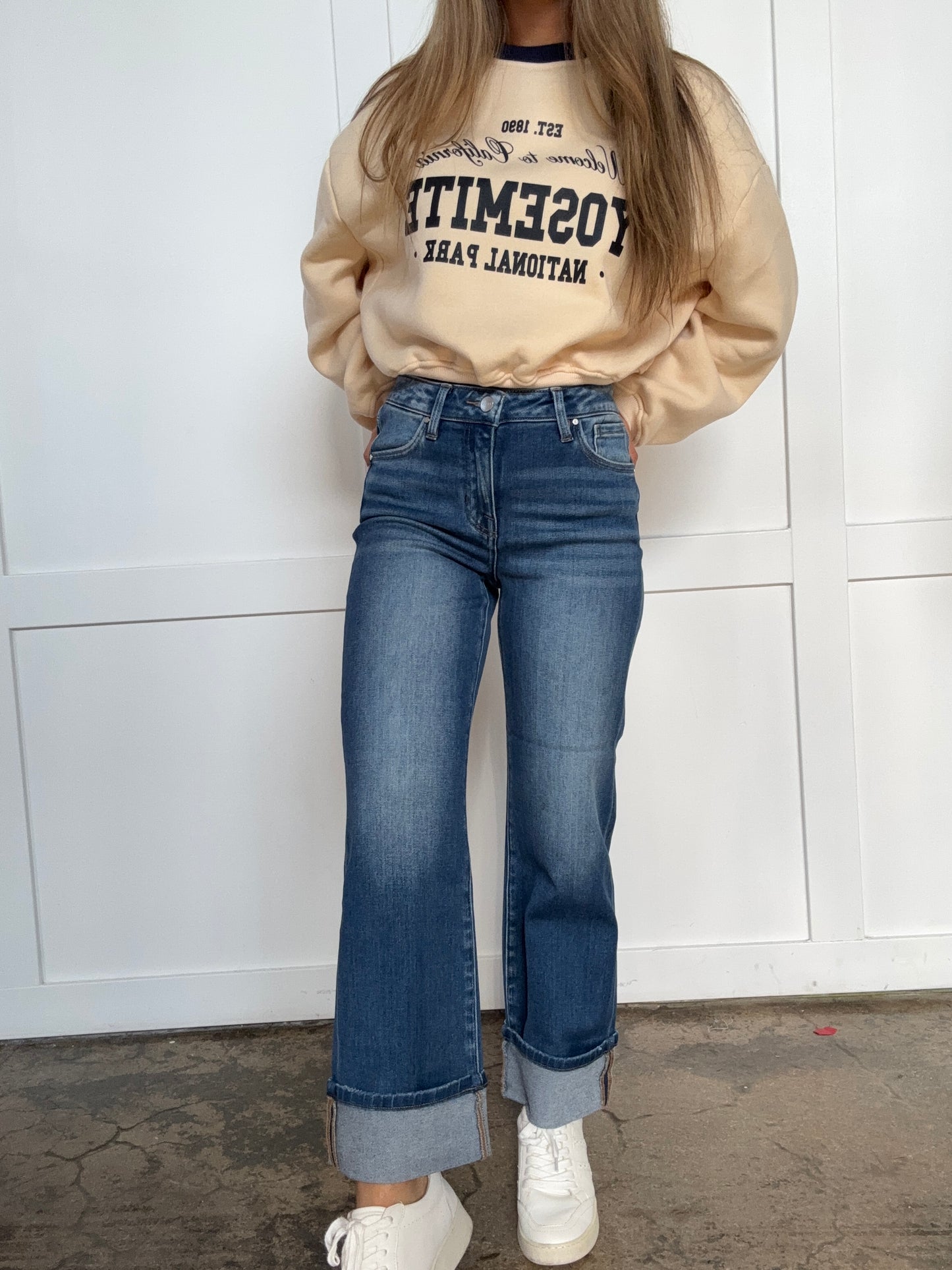 Elsie Risen Mid Rise Crop Straight Cuffed Jeans