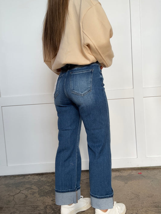Elsie Risen Mid Rise Crop Straight Cuffed Jeans