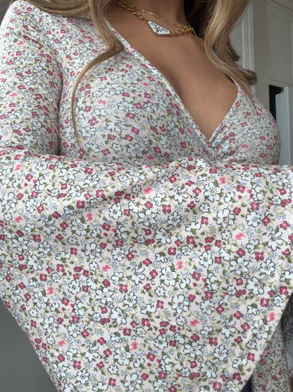 Woodstock Floral Bell Sleeve Wrap Top - Blush Meadow
