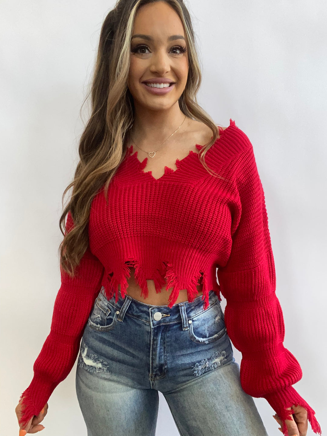 Camille Distressed Cropped Sweater - Red