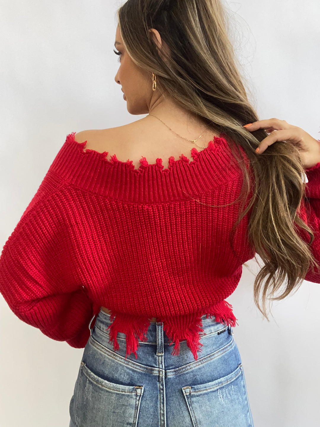 Camille Distressed Cropped Sweater - Red