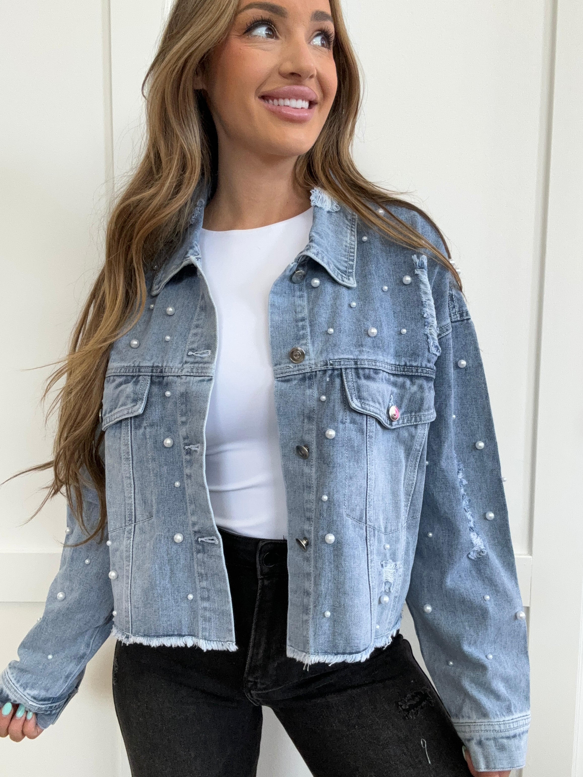 Denim jacket shops with pearl trim