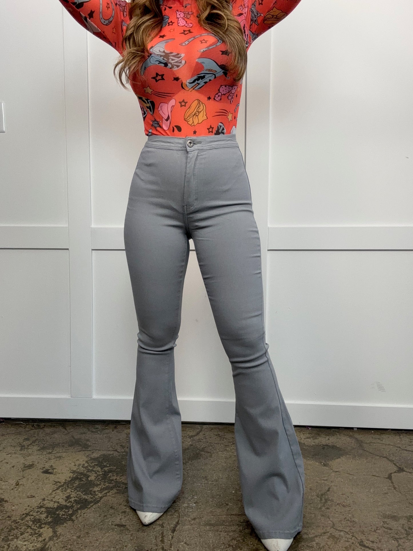 Buy our "Fiona High Waisted Bell Bottom Flare Jeans - Light Grey" online – Willow Boutique Clothing. Shop stylish Fiona High Waisted Bell Bottom Flare Jeans - Light Grey today.