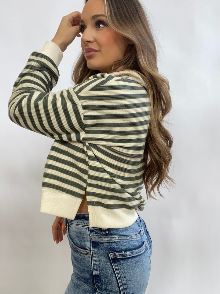 Emma Jane Striped Drop Sleeve Collared Knit Top- Olive