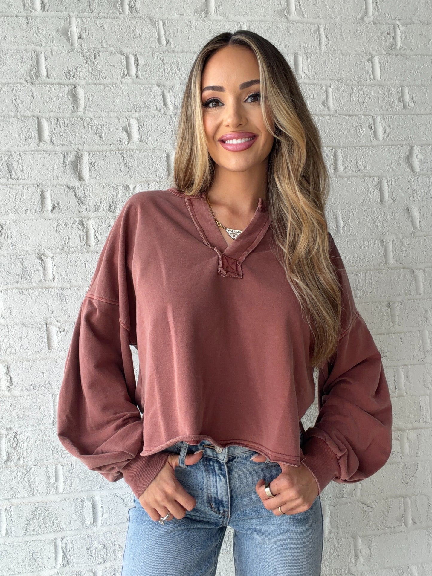 Ella Notch Neck Long Sleeve Crop Top