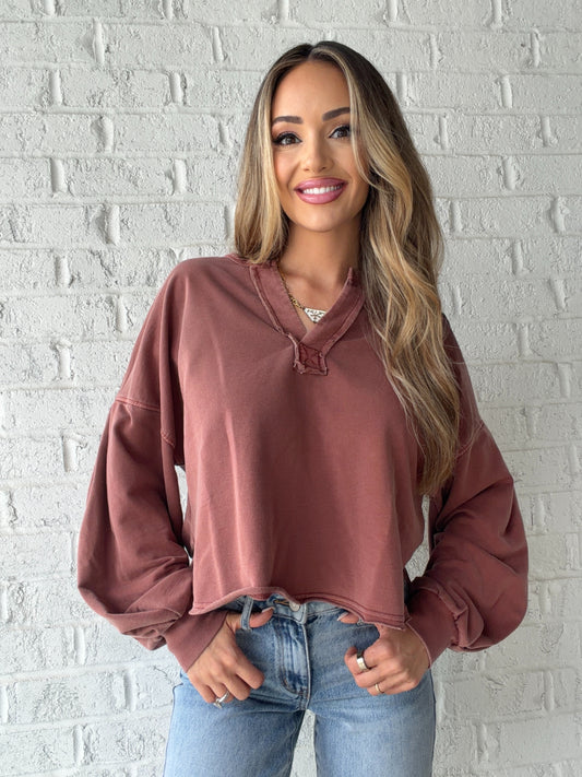 Ella Notch Neck Long Sleeve Crop Top
