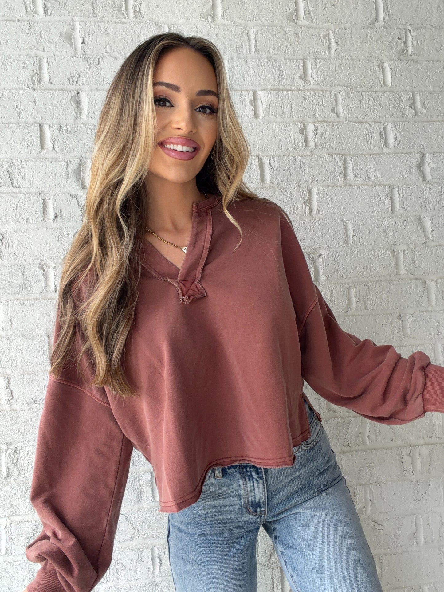 Ella Notch Neck Long Sleeve Crop Top