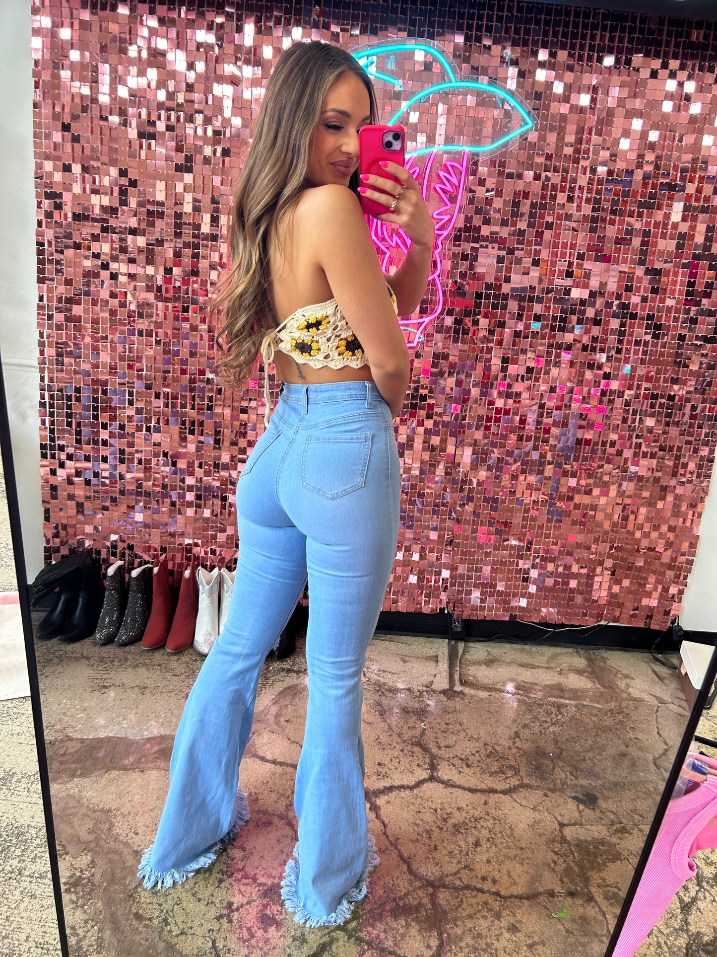 Buy our "Farrah Denim Distressed High Waisted Flares - Light Wash" online – Willow Boutique Clothing. Shop stylish Farrah Denim Distressed High Waisted Flares - Light Wash today.