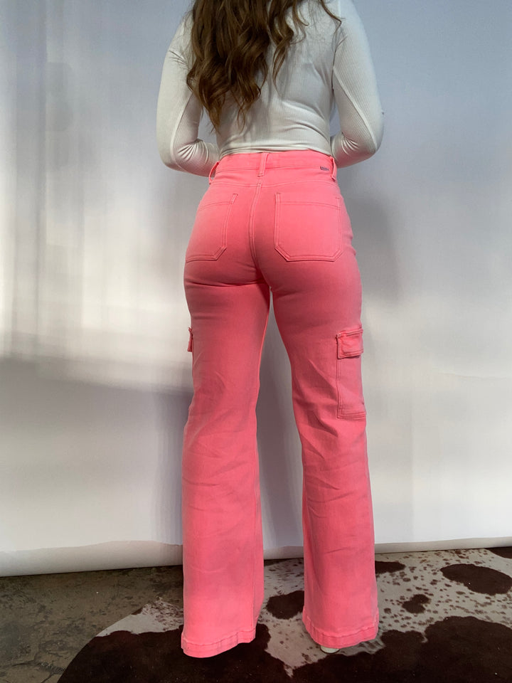 High Rise Risen Cargo Pants - Hot Pink