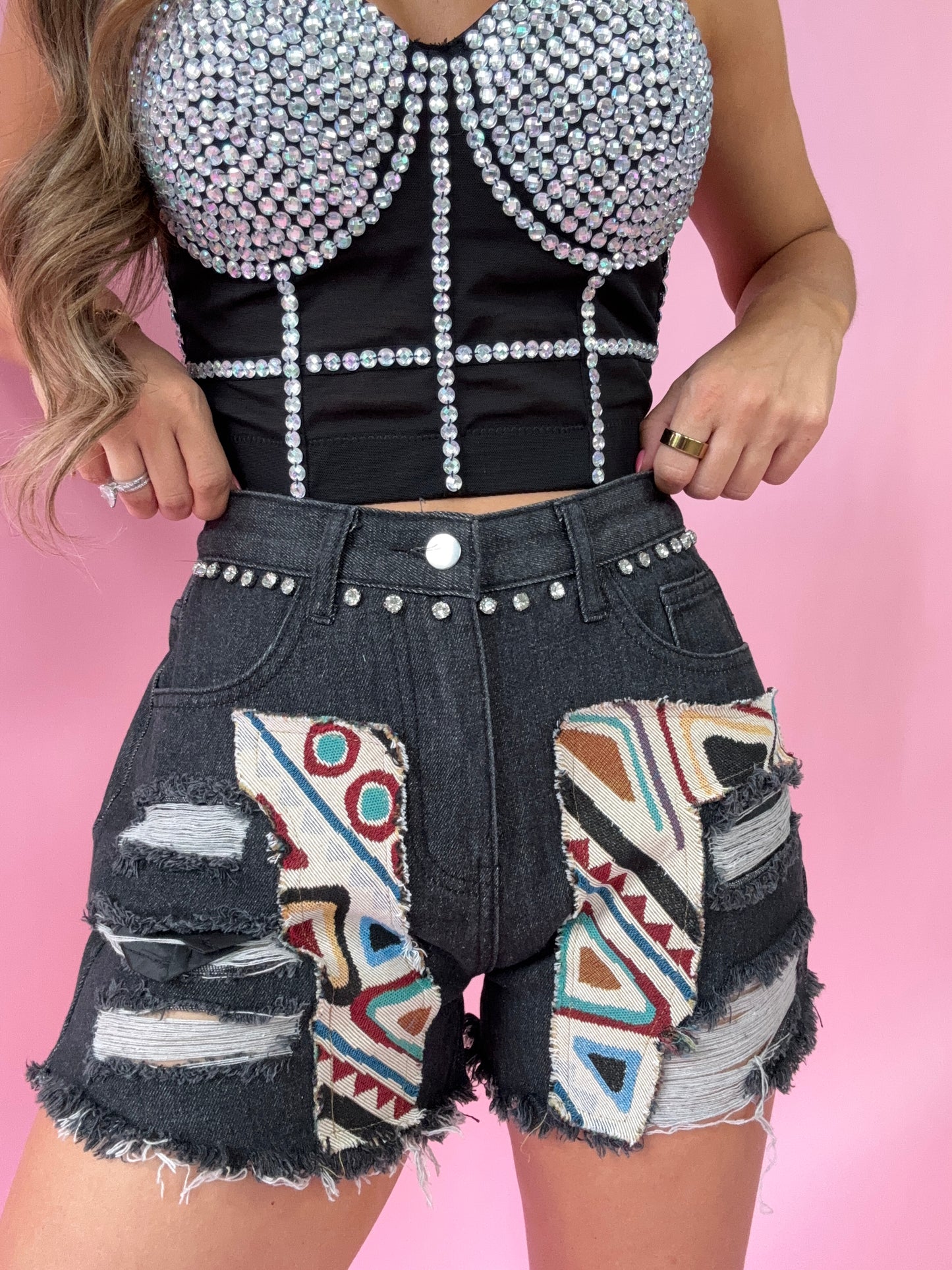 Ariya Bohemian Patched Denim Shorts