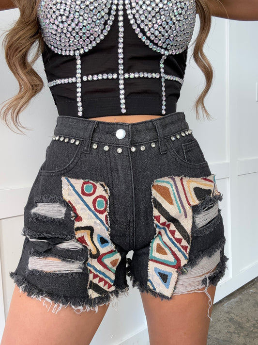 Ariya Bohemian Patched Denim Shorts