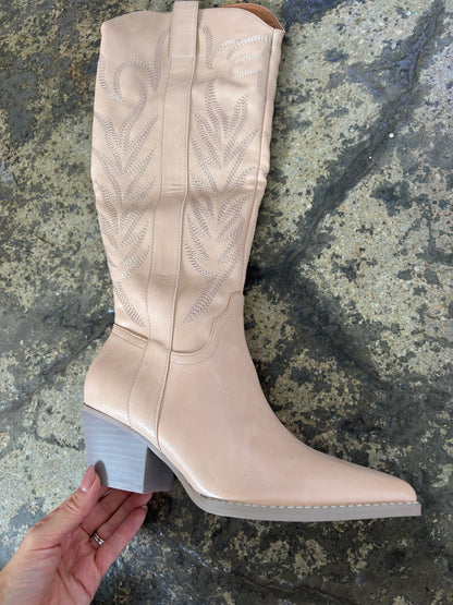 Samara Embroidered Knee High Cowgirl Boots - Nude