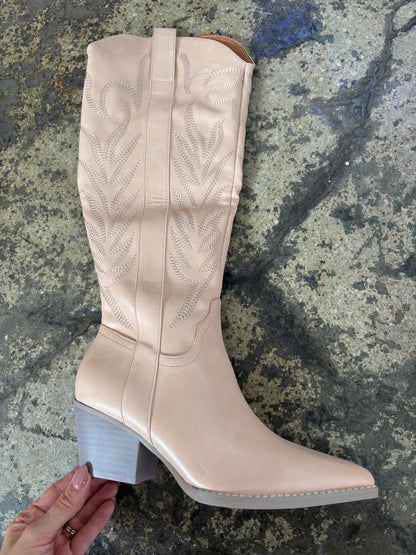 Samara Embroidered Knee High Cowgirl Boots - Nude