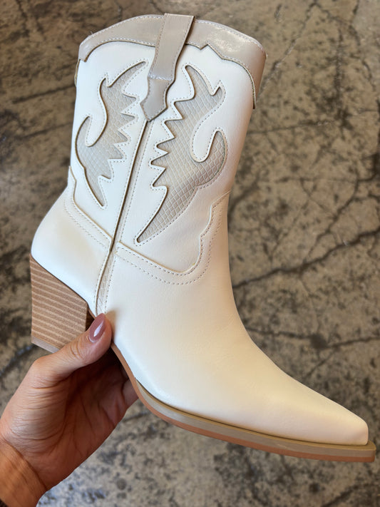 Houston Embroidered Pointed Heel Mid-Calf Boots- White