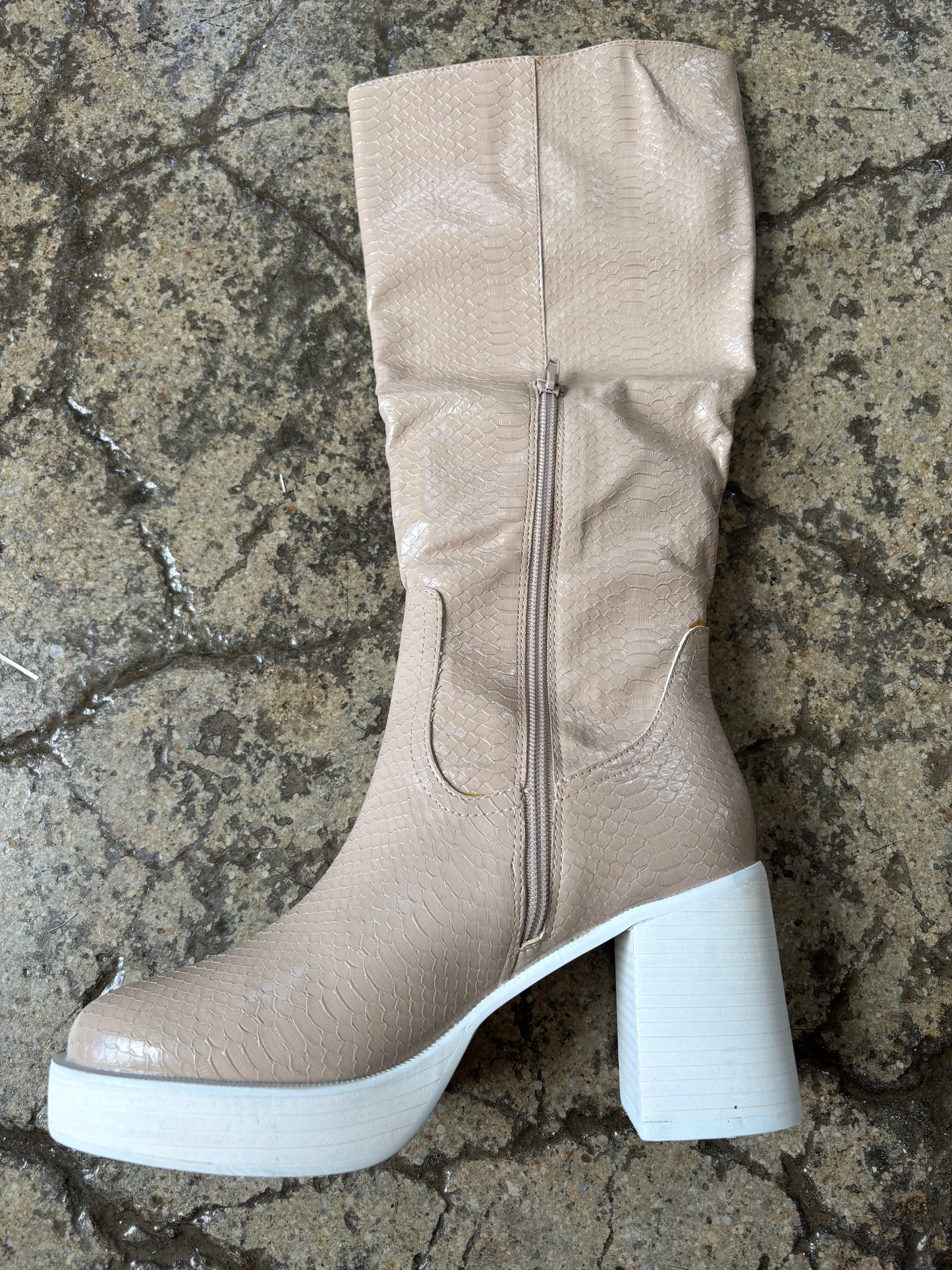 Juniper Knee High Snakeprint Nude Platform Heels