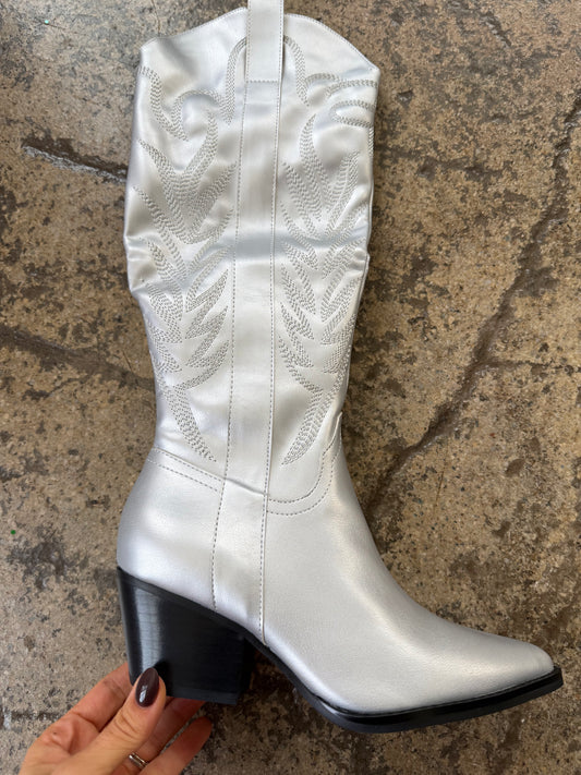 Samara Embroidered Knee High Cowgirl Boots - Silver