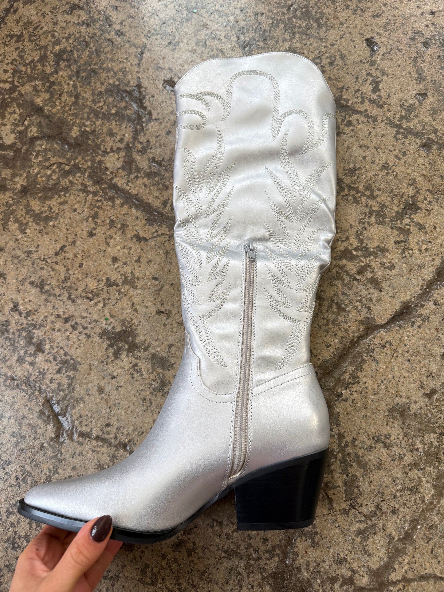 Samara Embroidered Knee High Cowgirl Boots - Silver