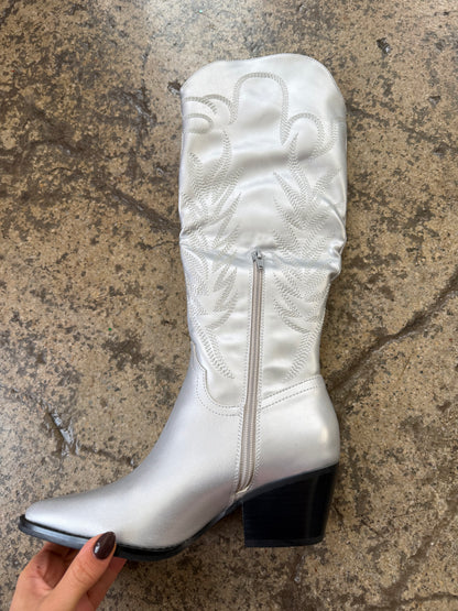 Samara Embroidered Knee High Cowgirl Boots - Silver
