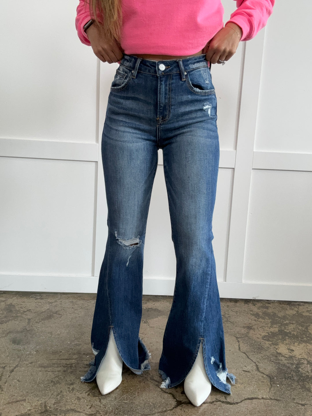 Charlotte High Rise Front Slit Frayed Hem Flare Jeans