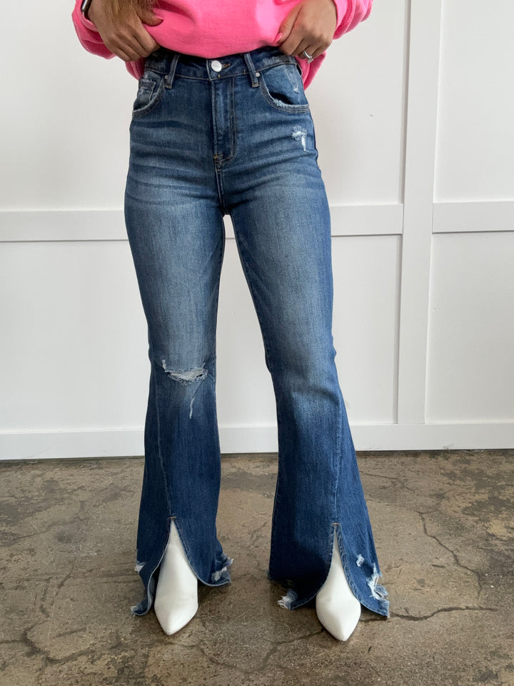 Charlotte High Rise Front Slit Frayed Hem Flare Jeans