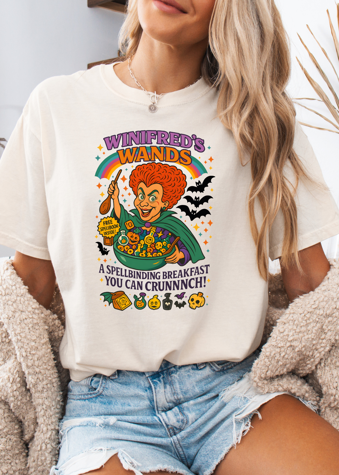 Person wearing a white t-shirt with a colorful graphic design featuring a character and text.