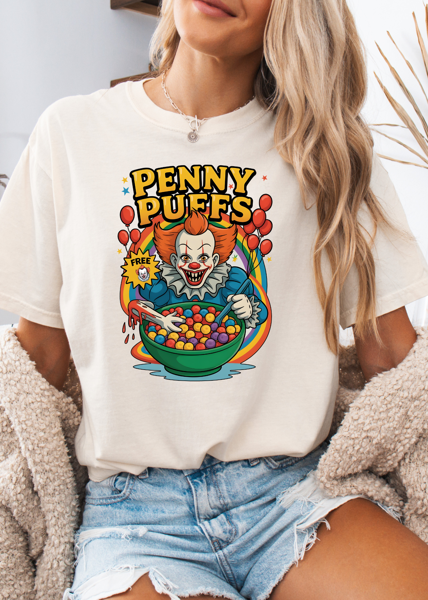 Person wearing a white t-shirt with a colorful graphic design featuring a clown and the text 'Penny Puffs'.