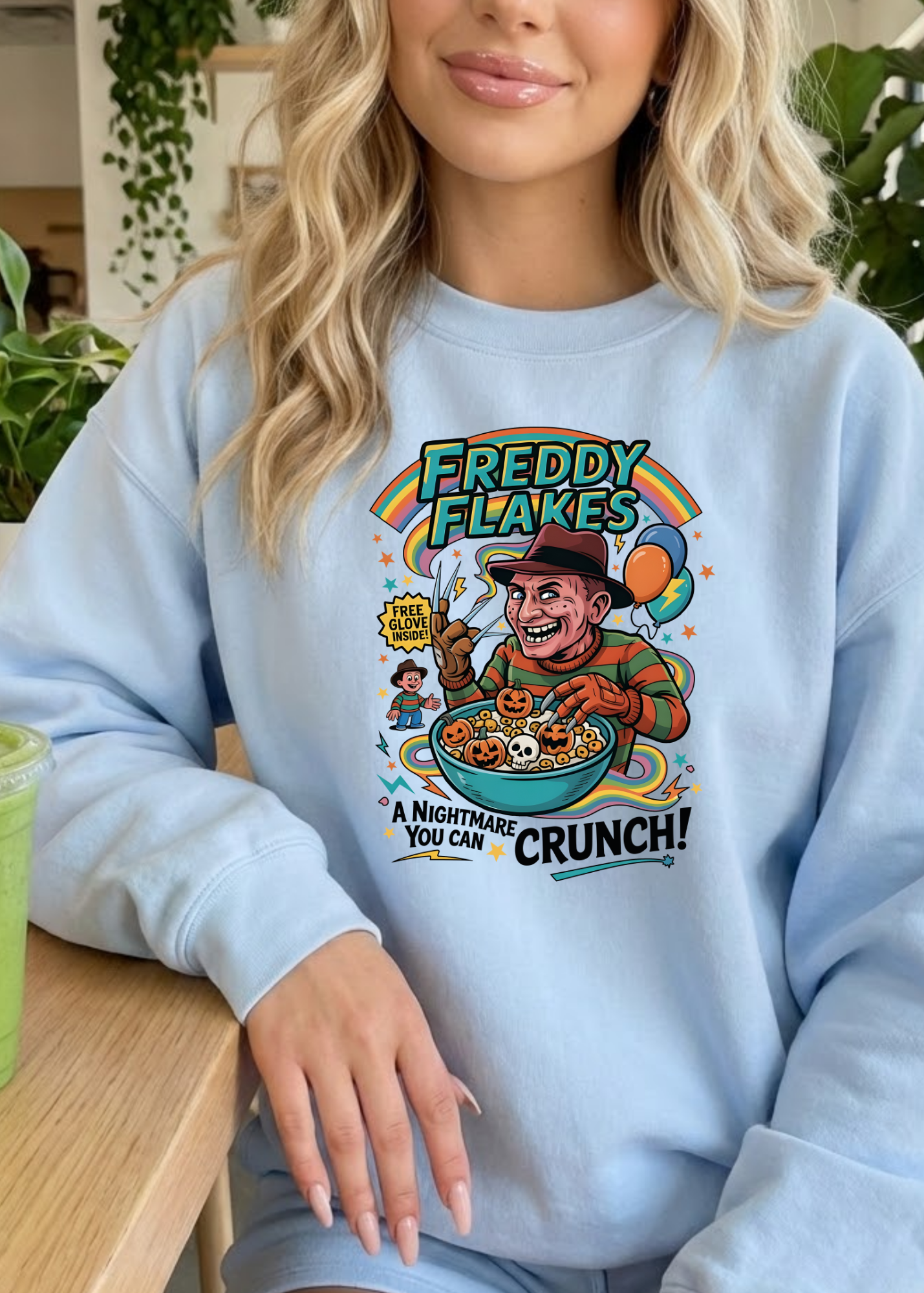 Person wearing a light blue sweatshirt with a colorful graphic design, sitting at a table.
