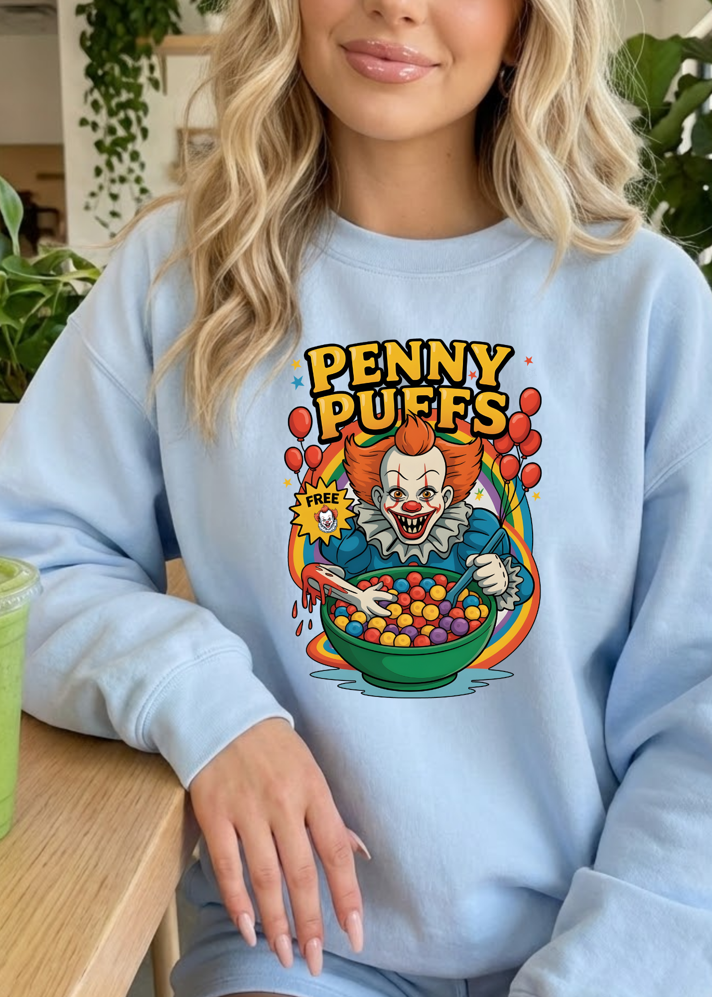 Person wearing a light blue sweatshirt with 'Penny Puffs' design, sitting at a table with plants in the background.