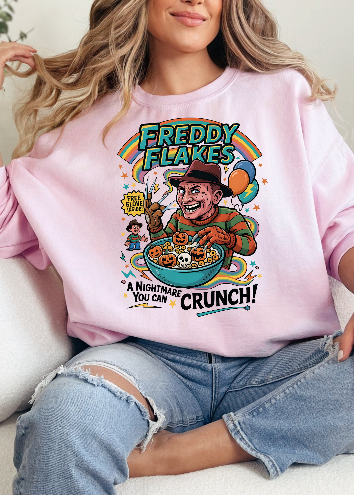 Person wearing a pink sweatshirt with a colorful graphic design of Freddy Flakes, a cartoon character, and text.