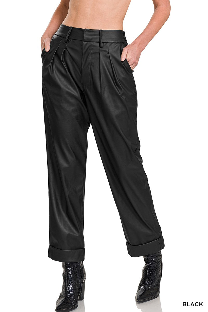 Lacee Leather Pleat Front Pants- Black
