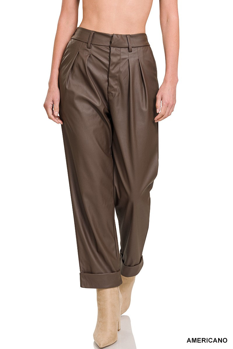 Lacee Leather Pleat Front Pants- Americano