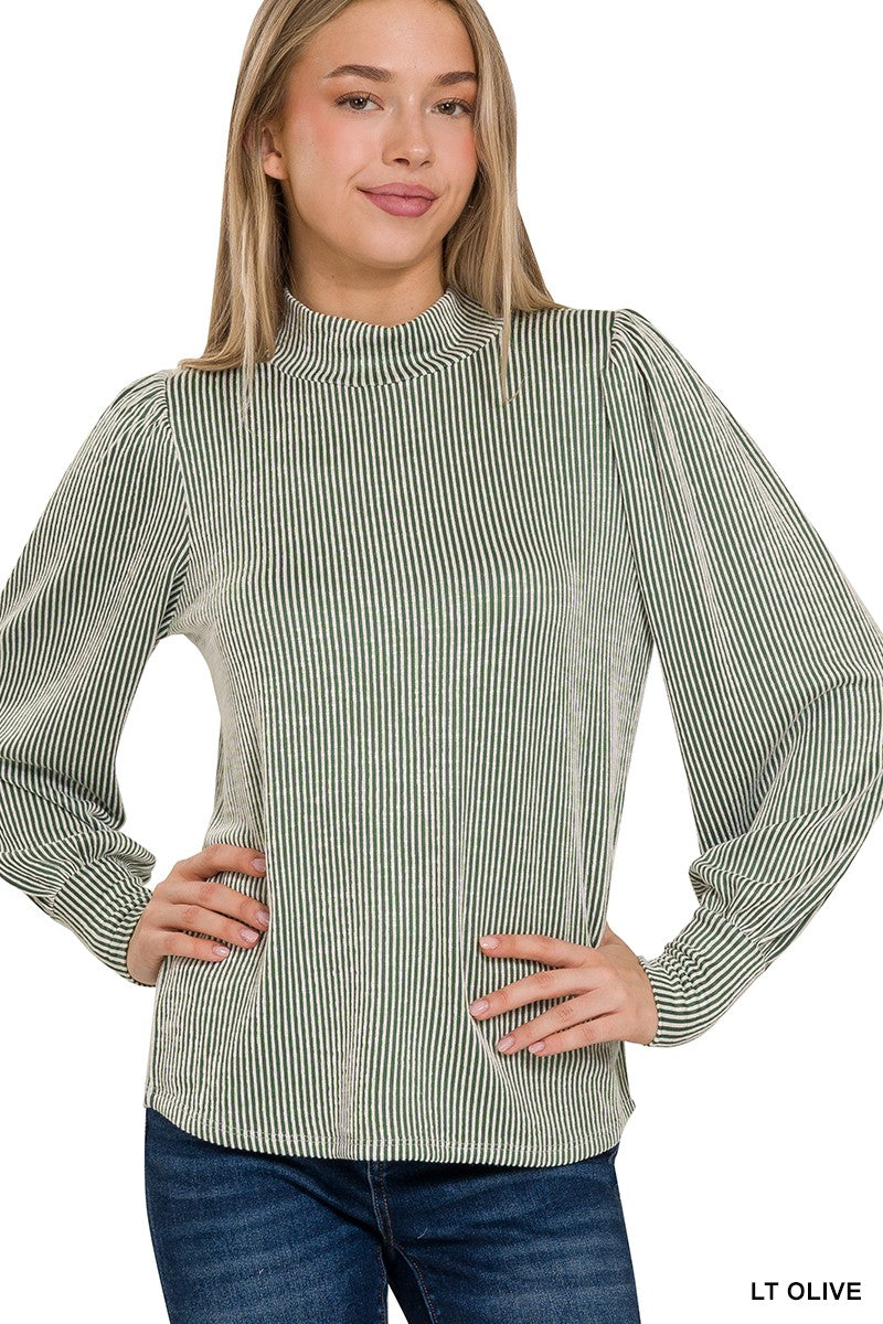 Reece Ribbed Mock Neck Puff Long Sleeve Top- Light Olive