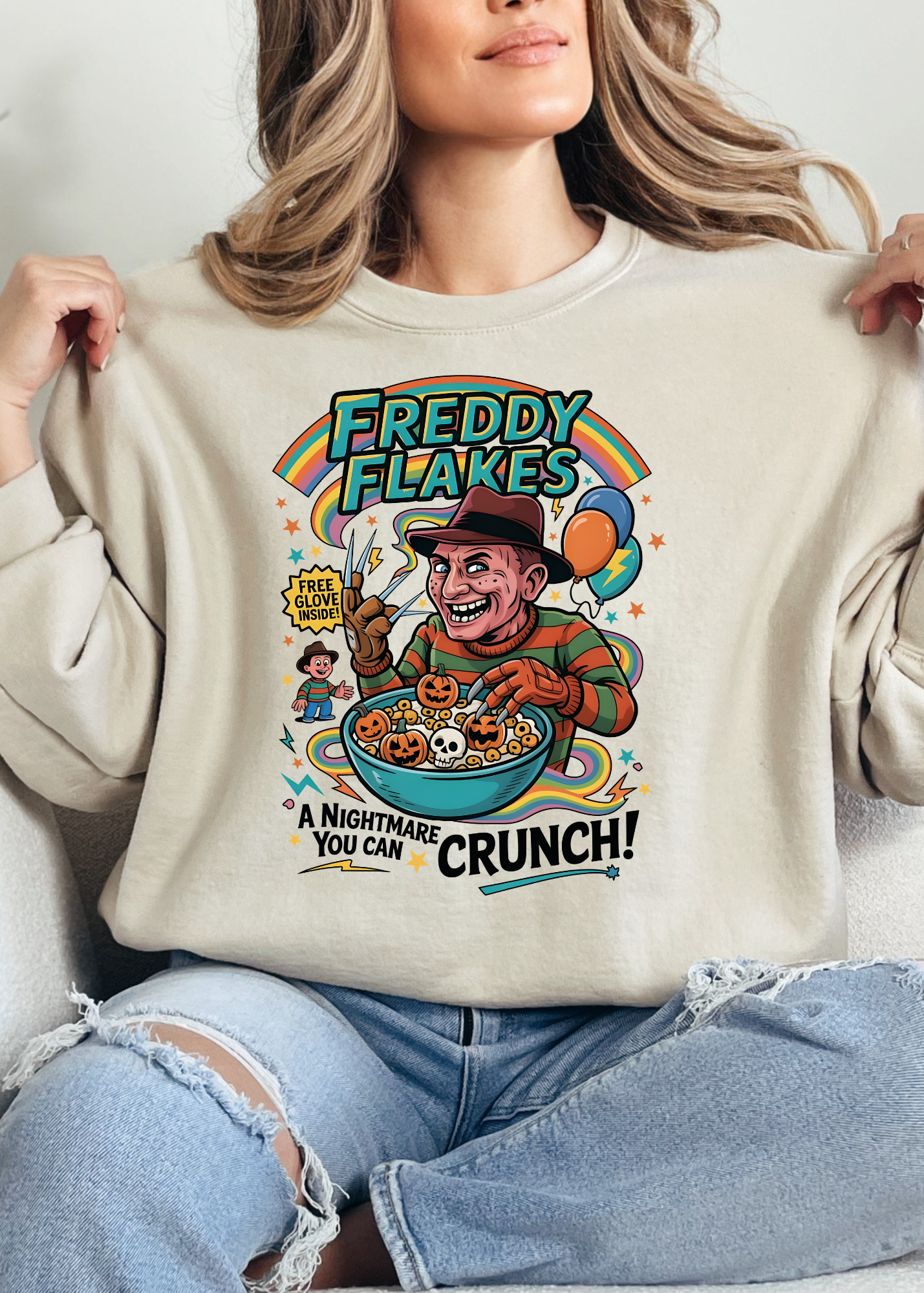 Person wearing a beige sweatshirt with 'Freddy Flakes' graphic design.
