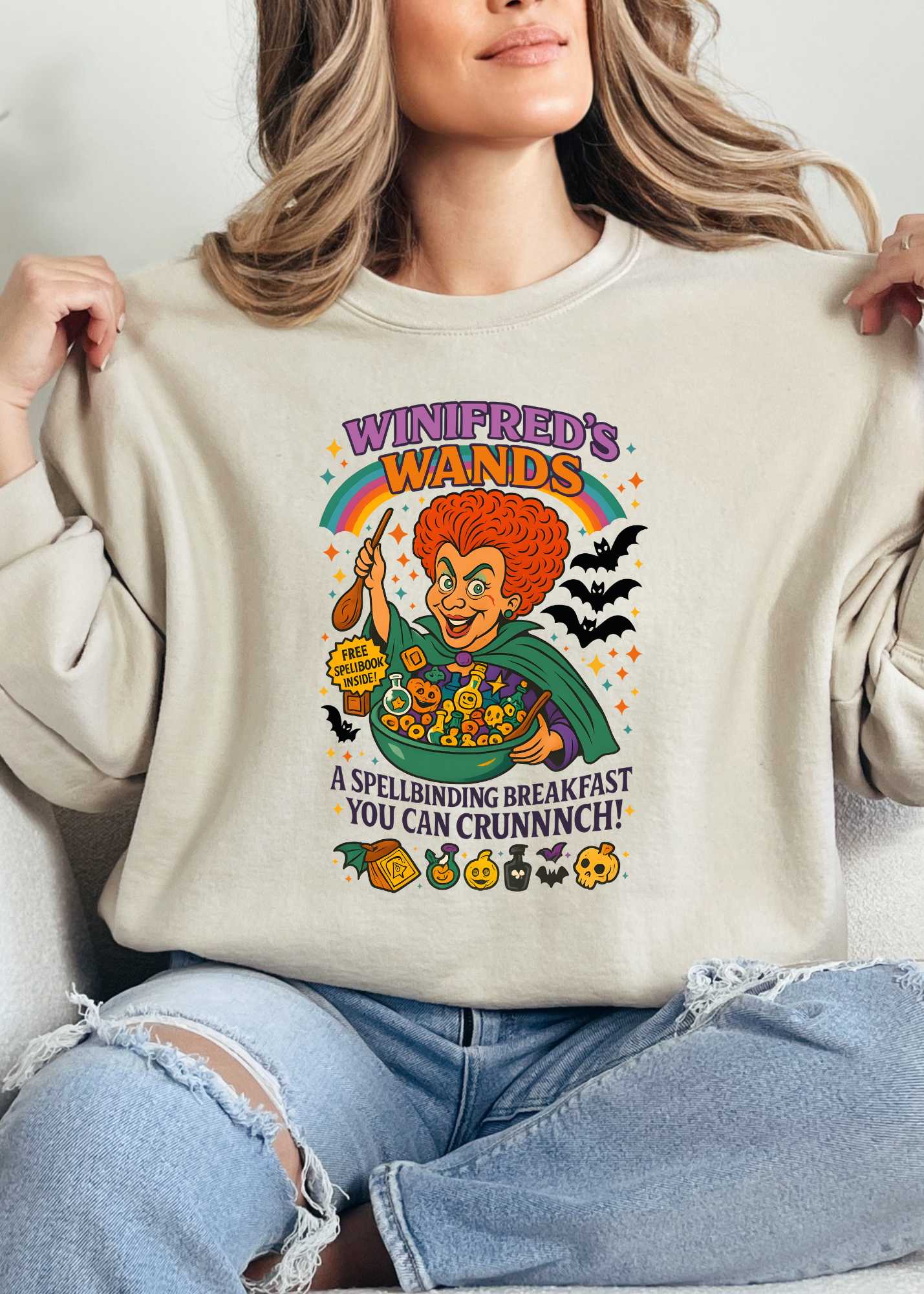 Person wearing a beige sweatshirt with a colorful graphic design featuring a character and text.