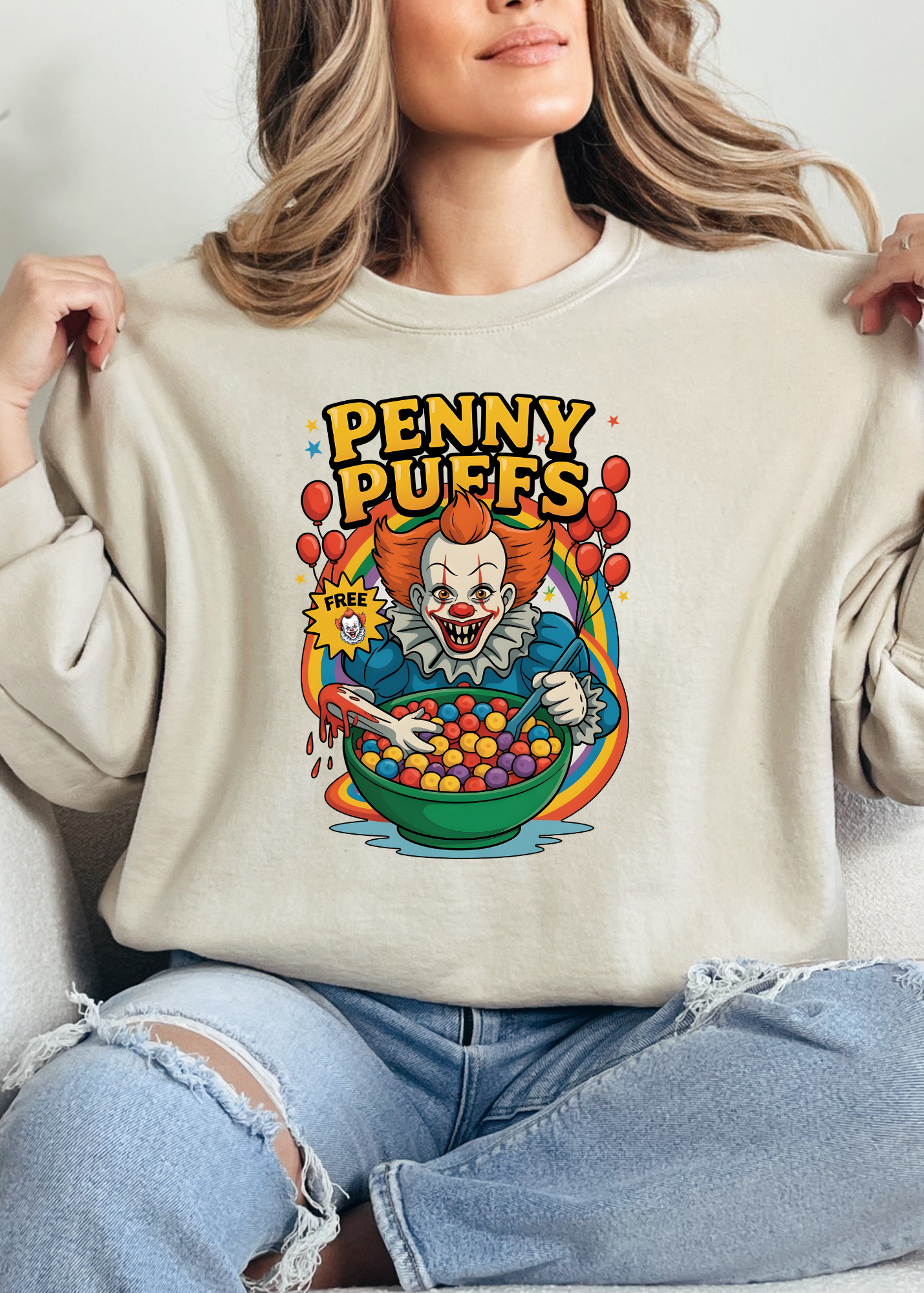 Person wearing a beige sweatshirt with 'Penny Puffs' graphic design.