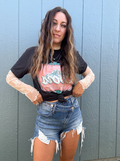 Lindsey Asymmetrical Distressed Shorts- Medium Wash