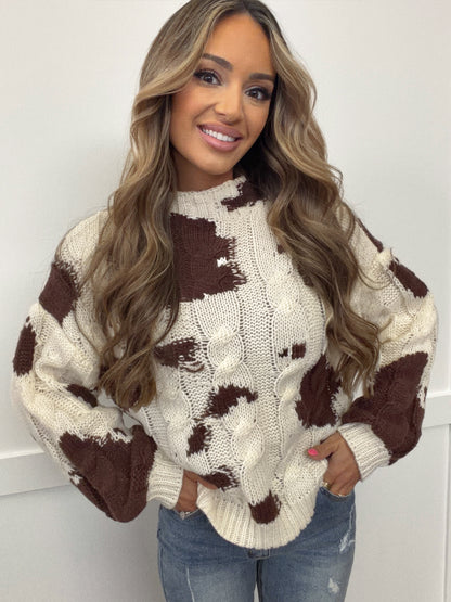 Prairie Cable Knit Cow Pattern Chunky Sweater