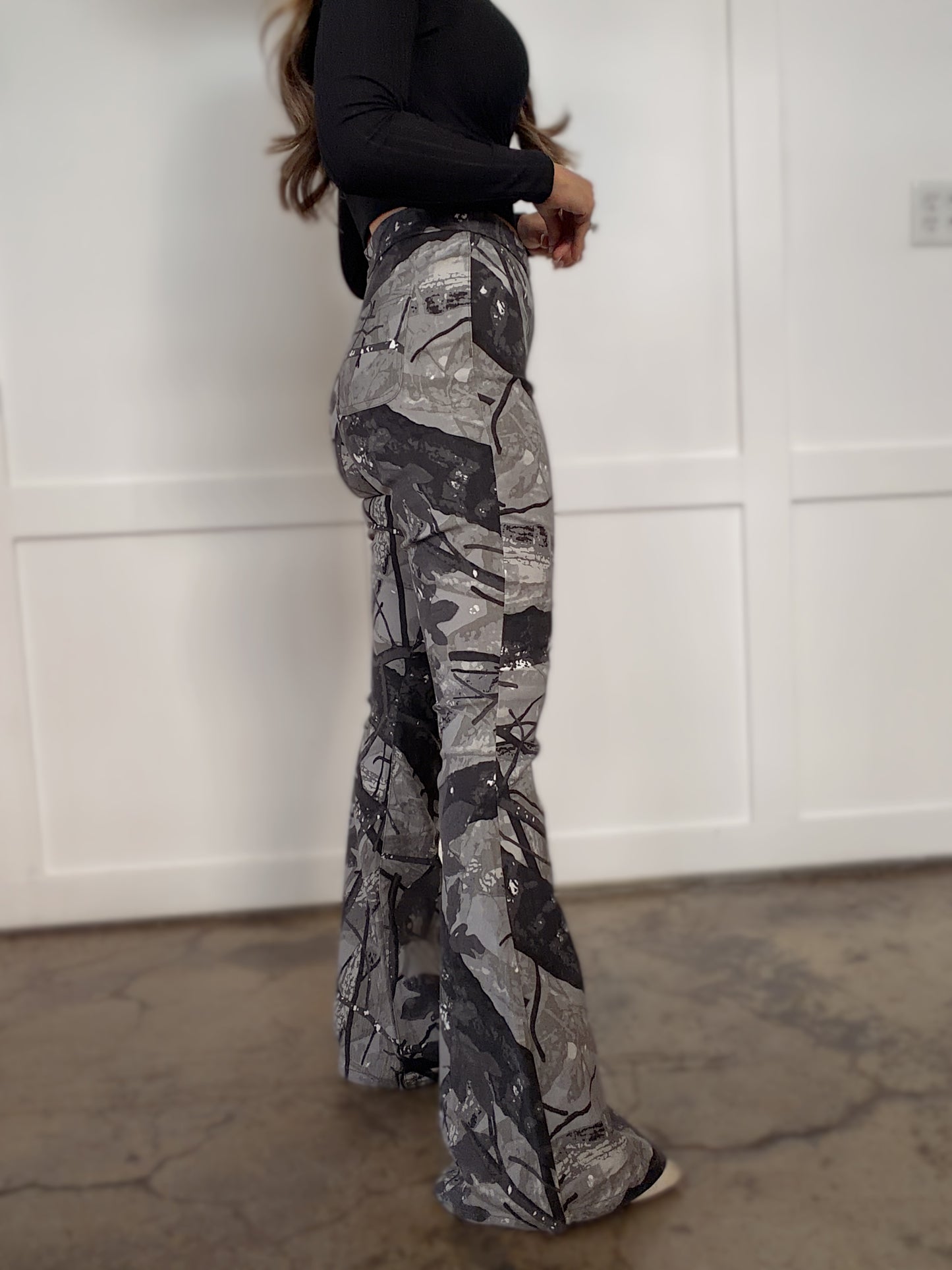 PREORDER: Fiona High Waisted Bell Bottom Flare Jeans - Grey CAMO